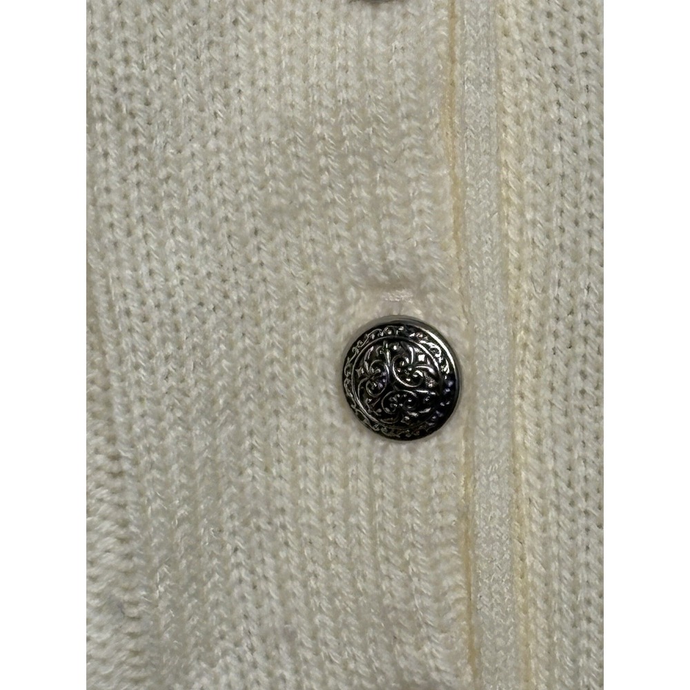 Vtg Women's M Cardigan Sweater Ivory Silver Buttons Gray Detail Short USA Cable - Picture 3 of 8